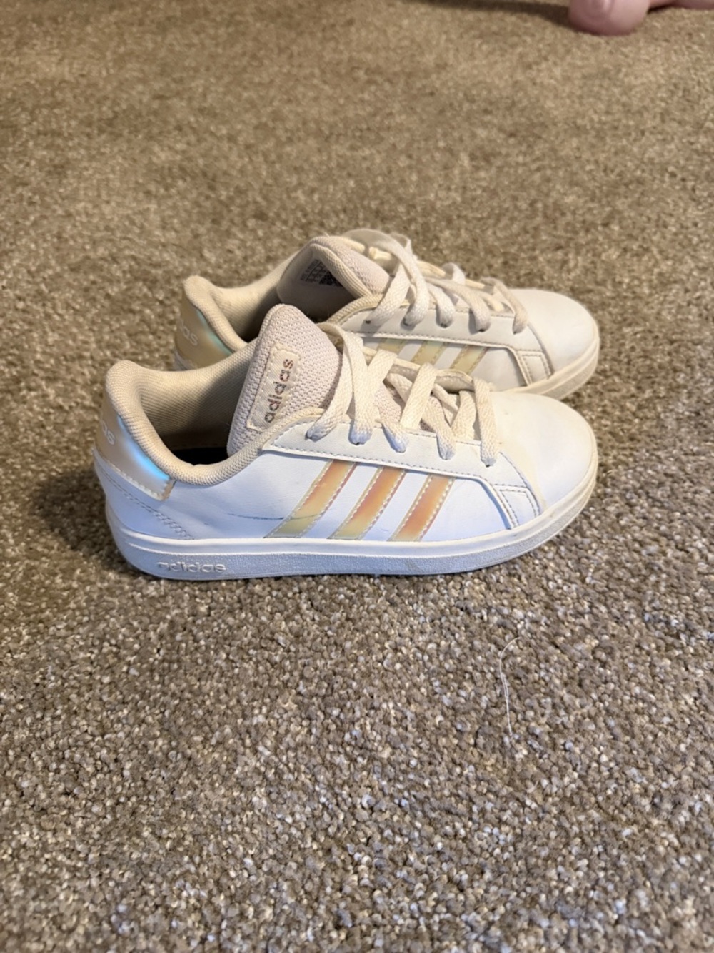 adidas Kids White Sneakers with Iridescent Peach Stripes